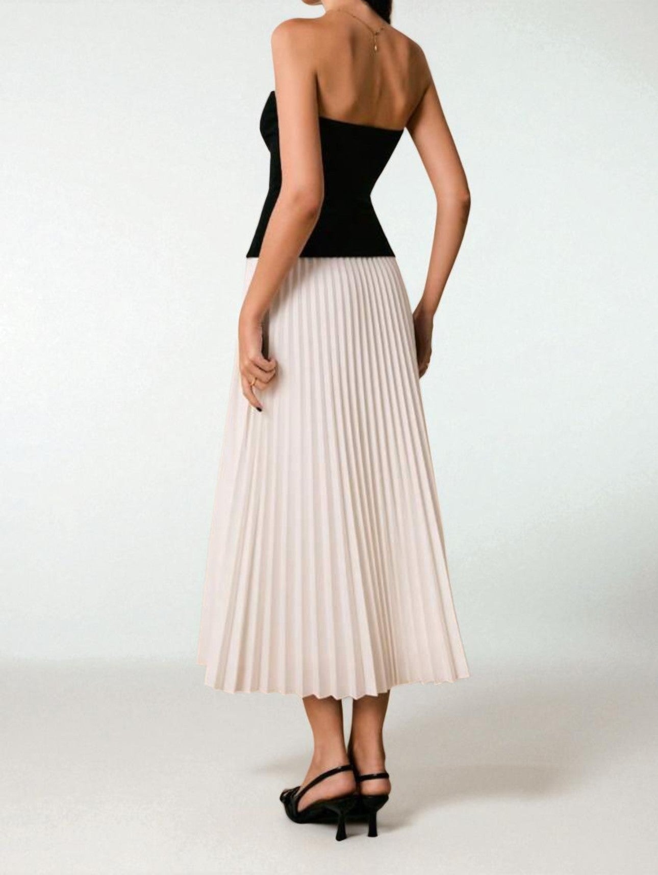 Two-Piece Set: Black Bustier Top & White Pleated Midi Skirt