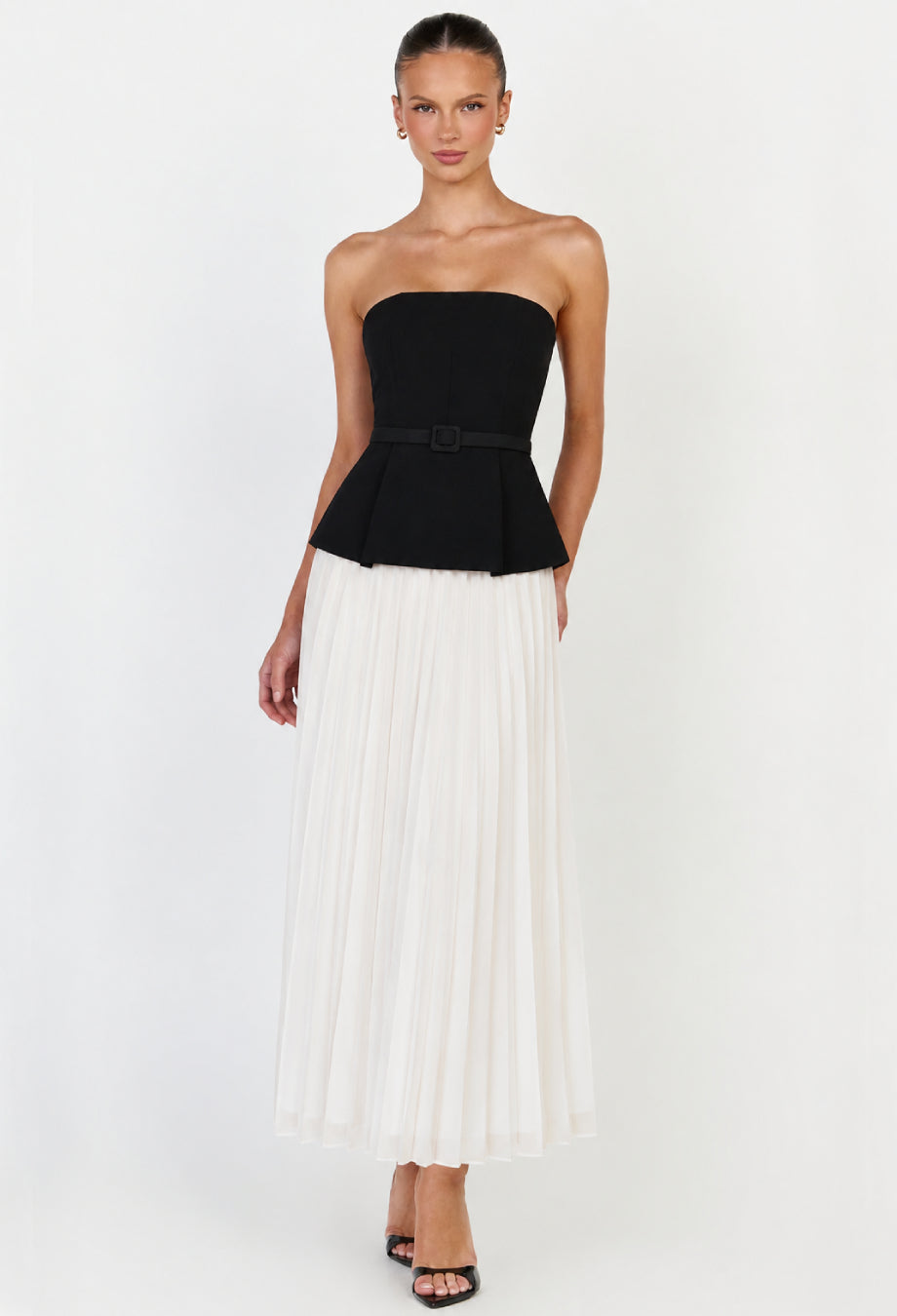 Black Top & White Pleated Midi Skirt Set, formal wear for women​, formal dress wear for women​