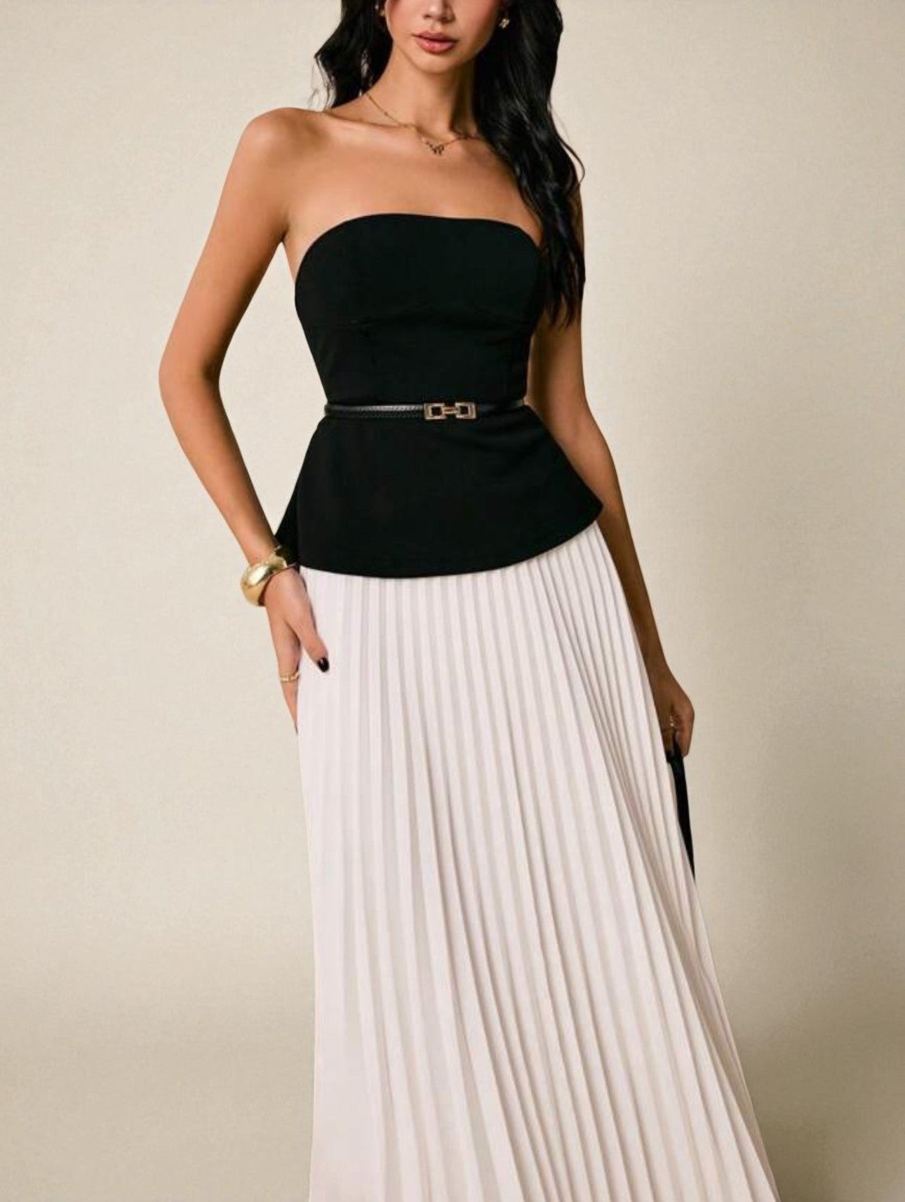 Two-Piece Set: Black Bustier Top & White Pleated Midi Skirt