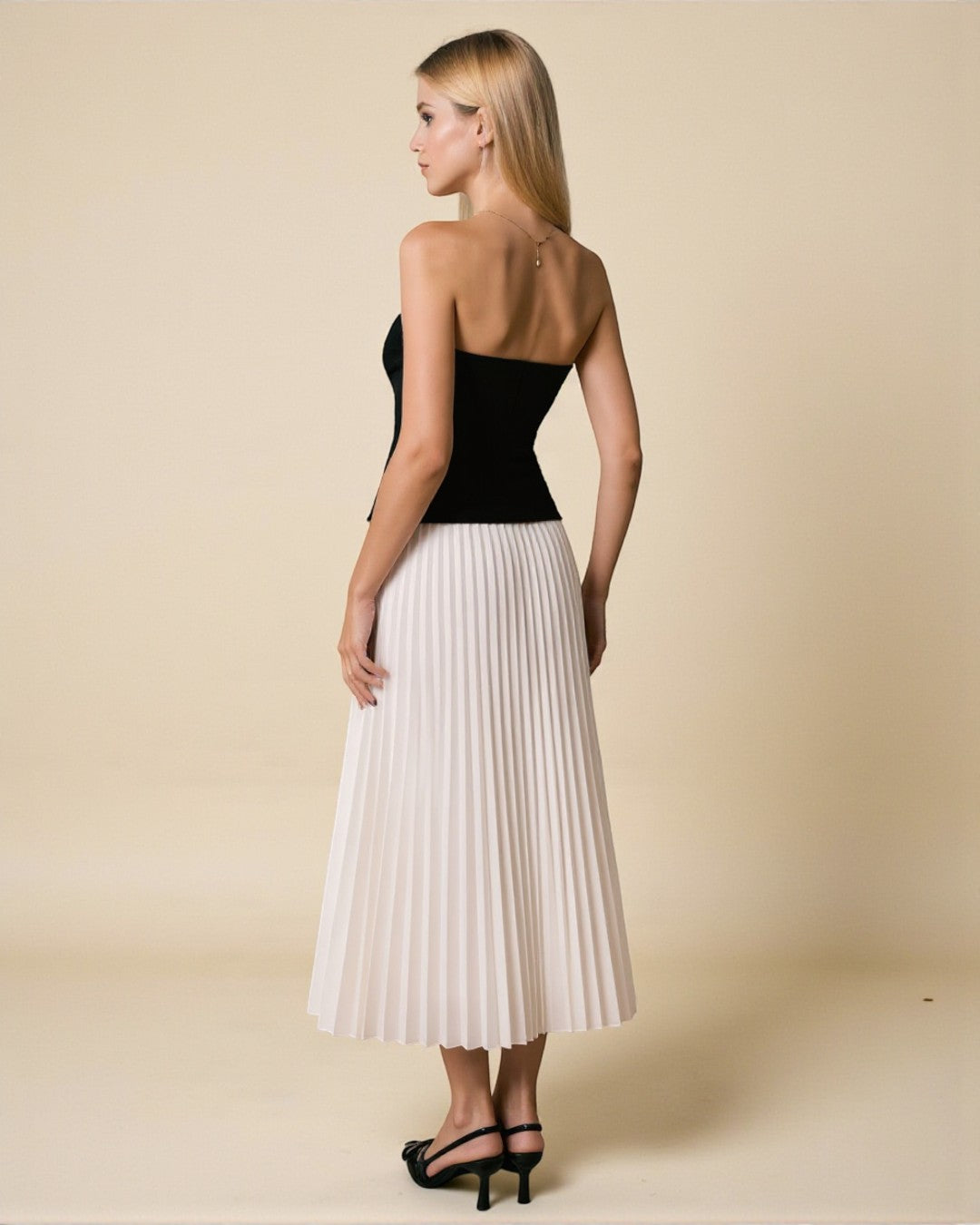 Two-Piece Set: Black Bustier Top & White Pleated Midi Skirt