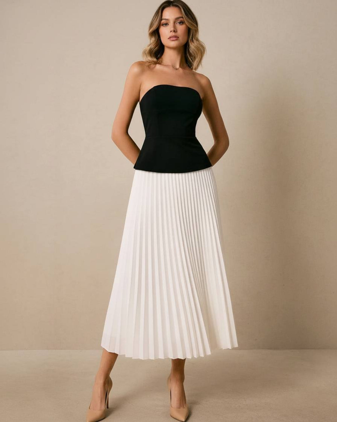 Black Top & White Pleated Midi Skirt Set, formal wear for women​, formal dress wear for women​