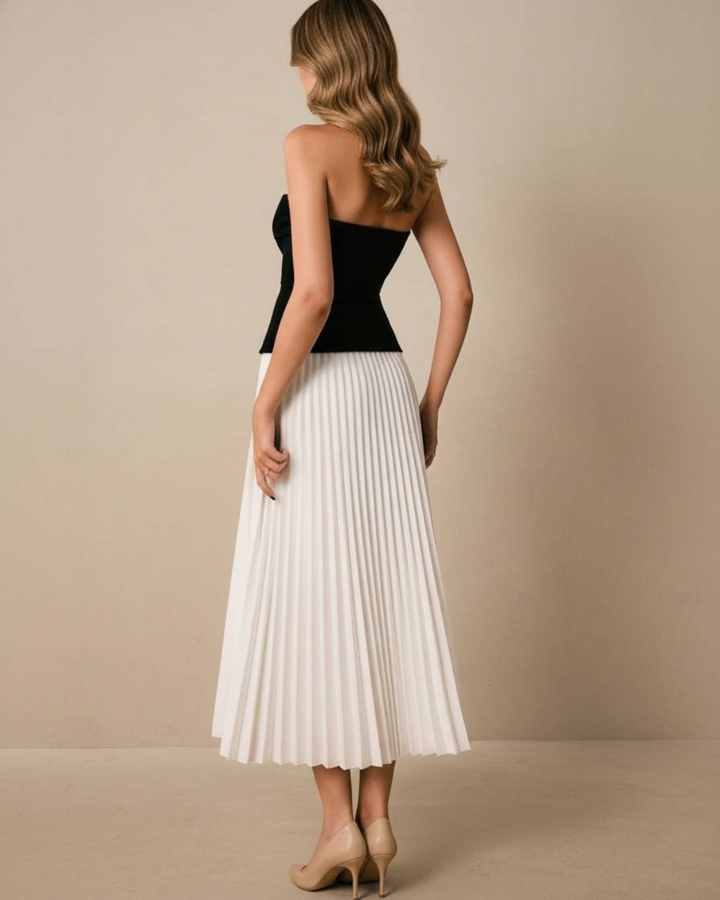 Black Top & White Pleated Midi Skirt Set, formal wear for women​, formal dress wear for women​