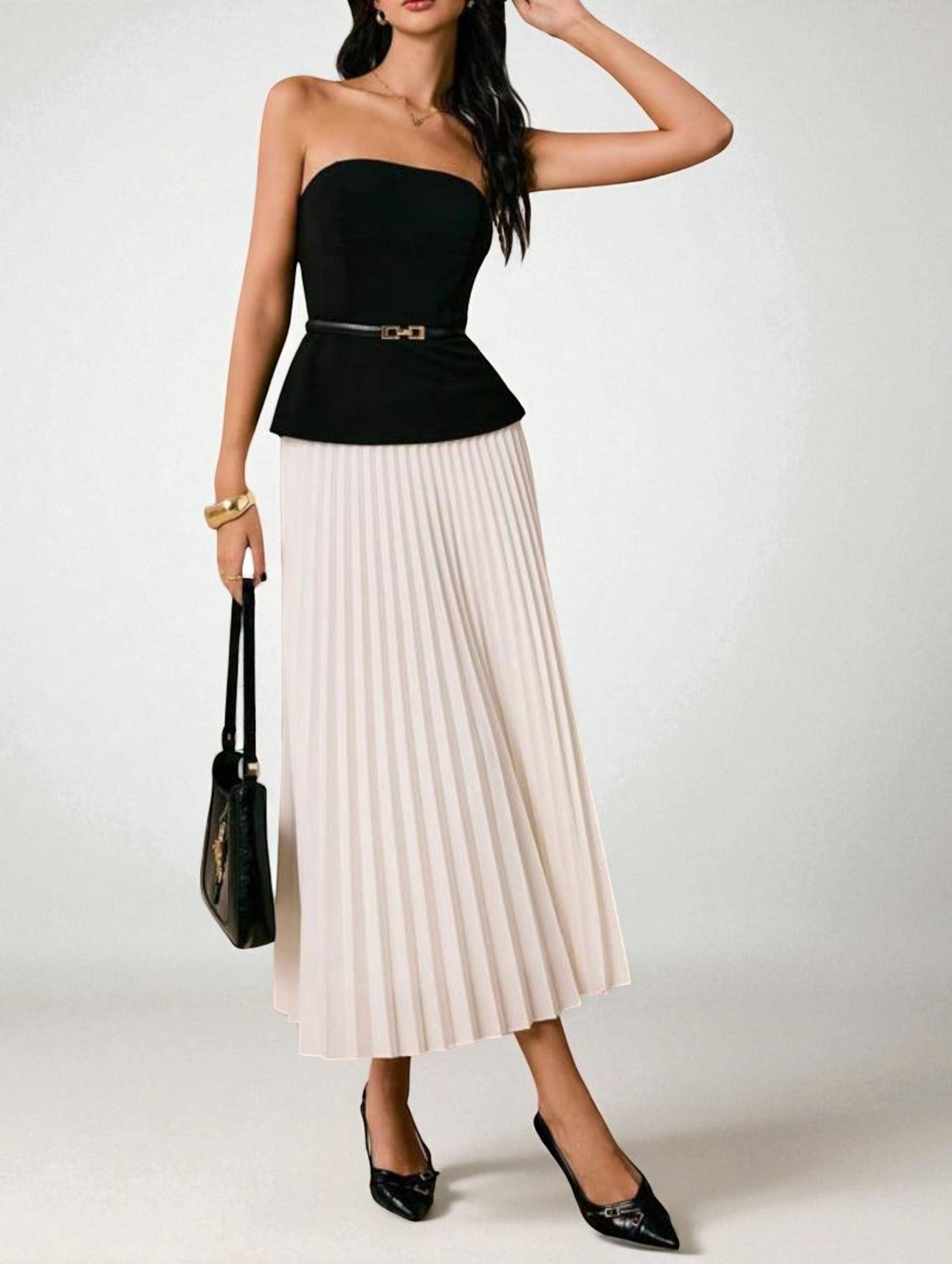 Two-Piece Set: Black Bustier Top & White Pleated Midi Skirt