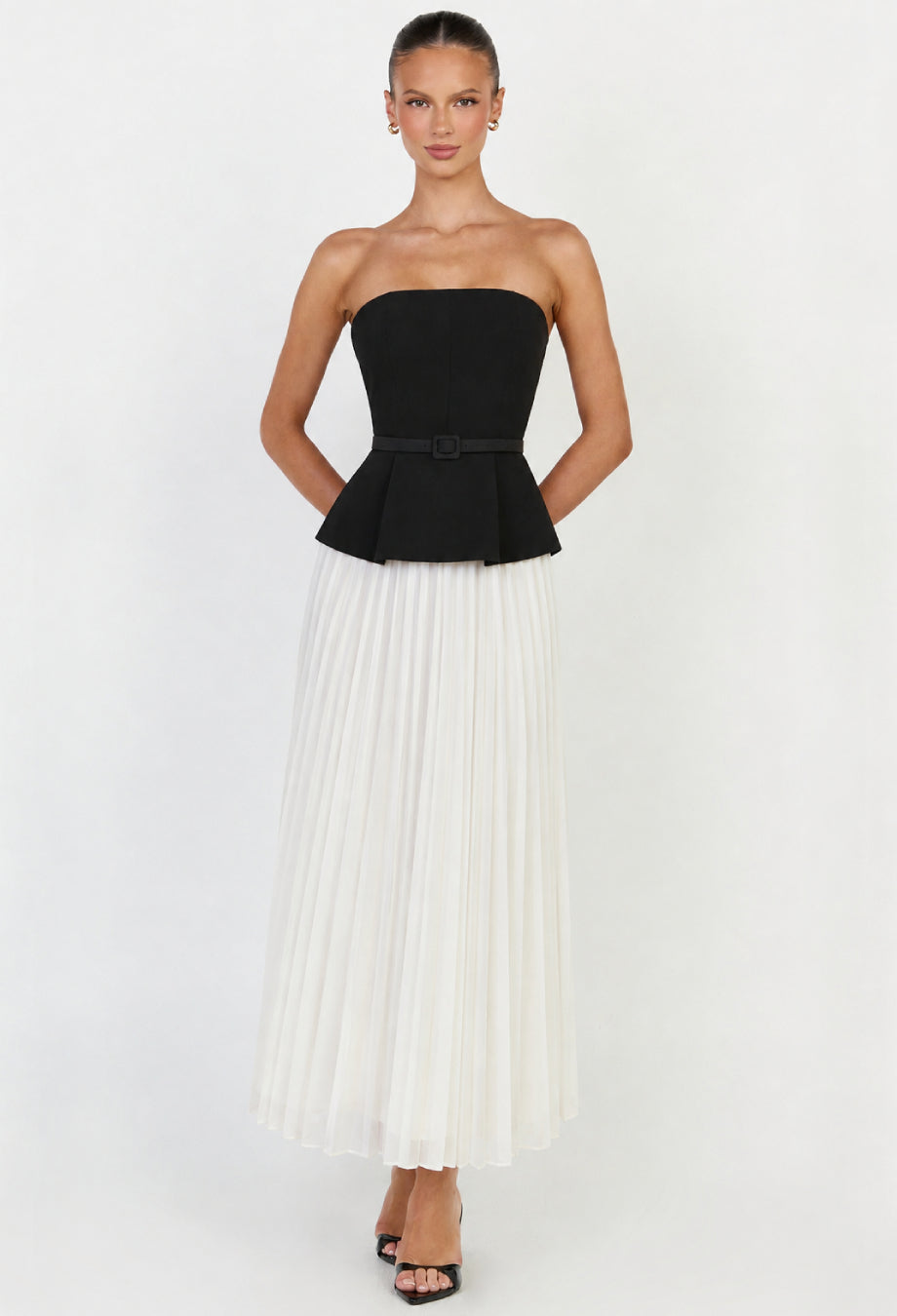 Black Top & White Pleated Midi Skirt Set, formal wear for women​, formal dress wear for women​