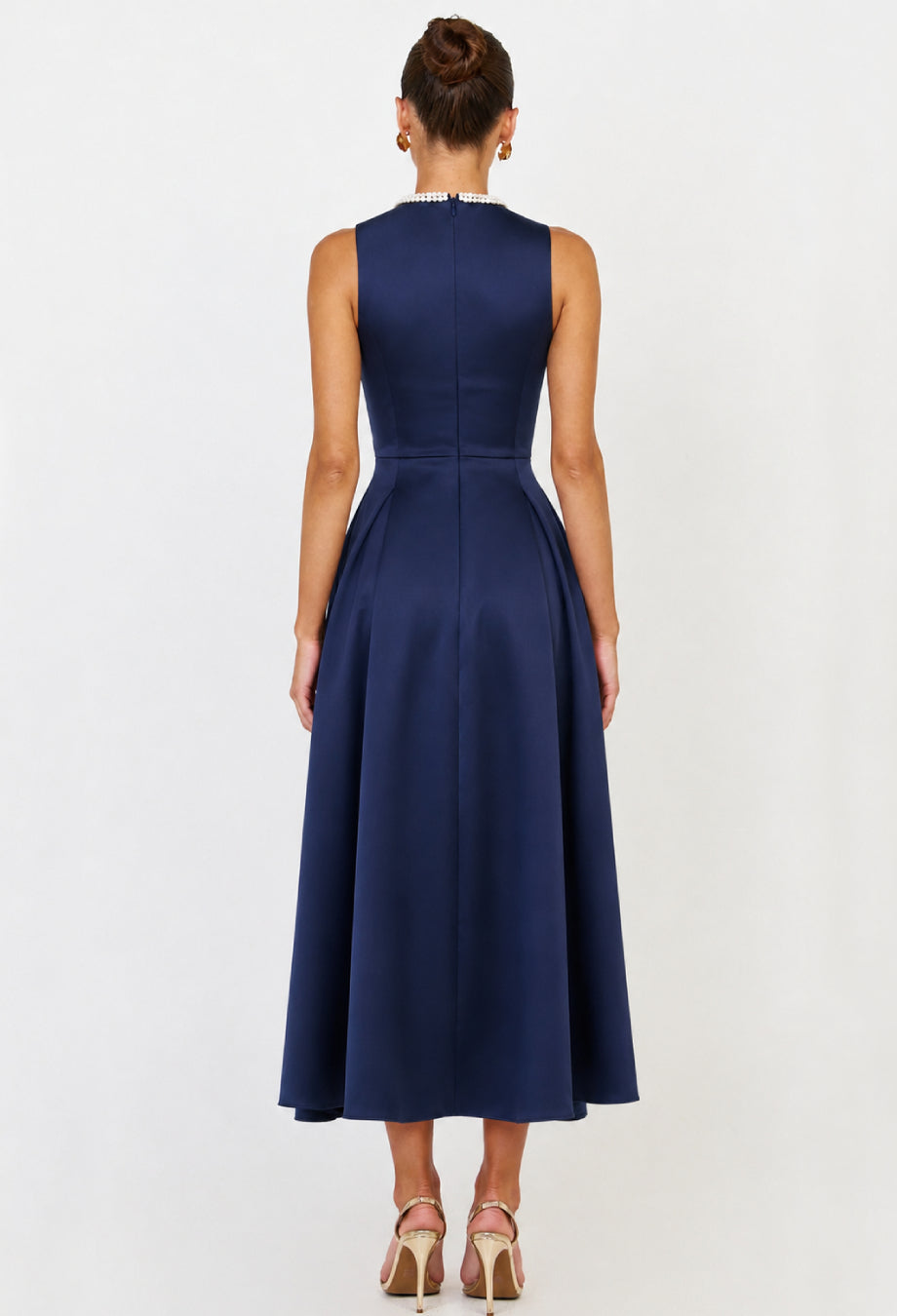 Navy Wedding Guest Dress, Vionne Pearl Neck Midi Dress, navy blue wedding guest dress
