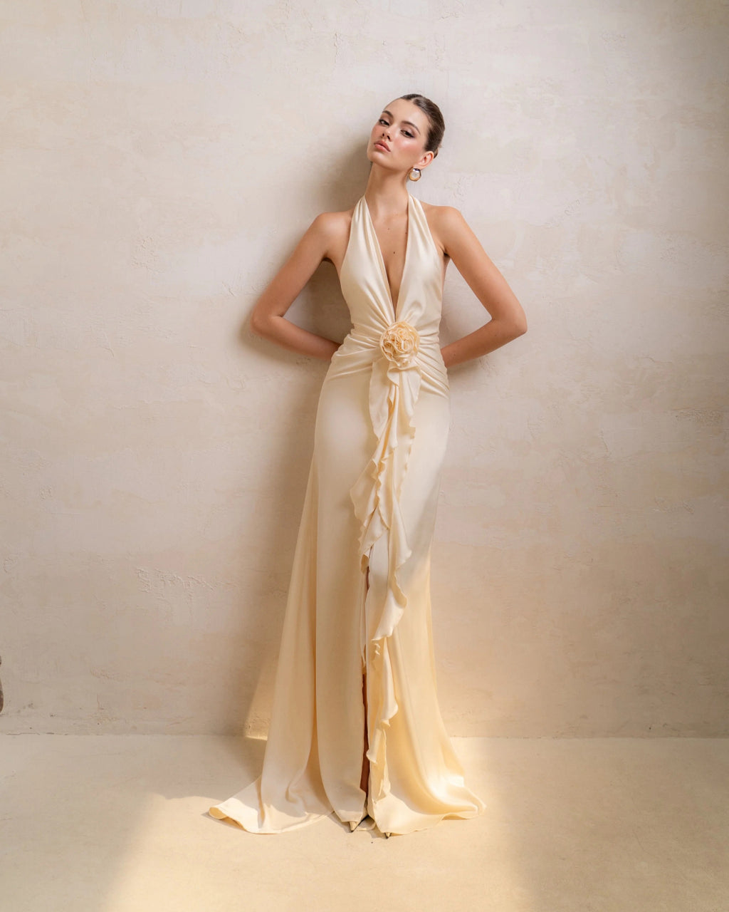 Vixen Maxi Dress in Ivory, long satin dress​, satin dress women's clothing