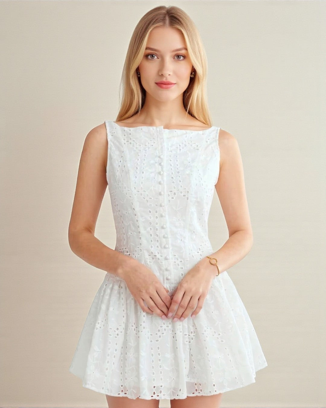White Floral Embroidered Mini Dress