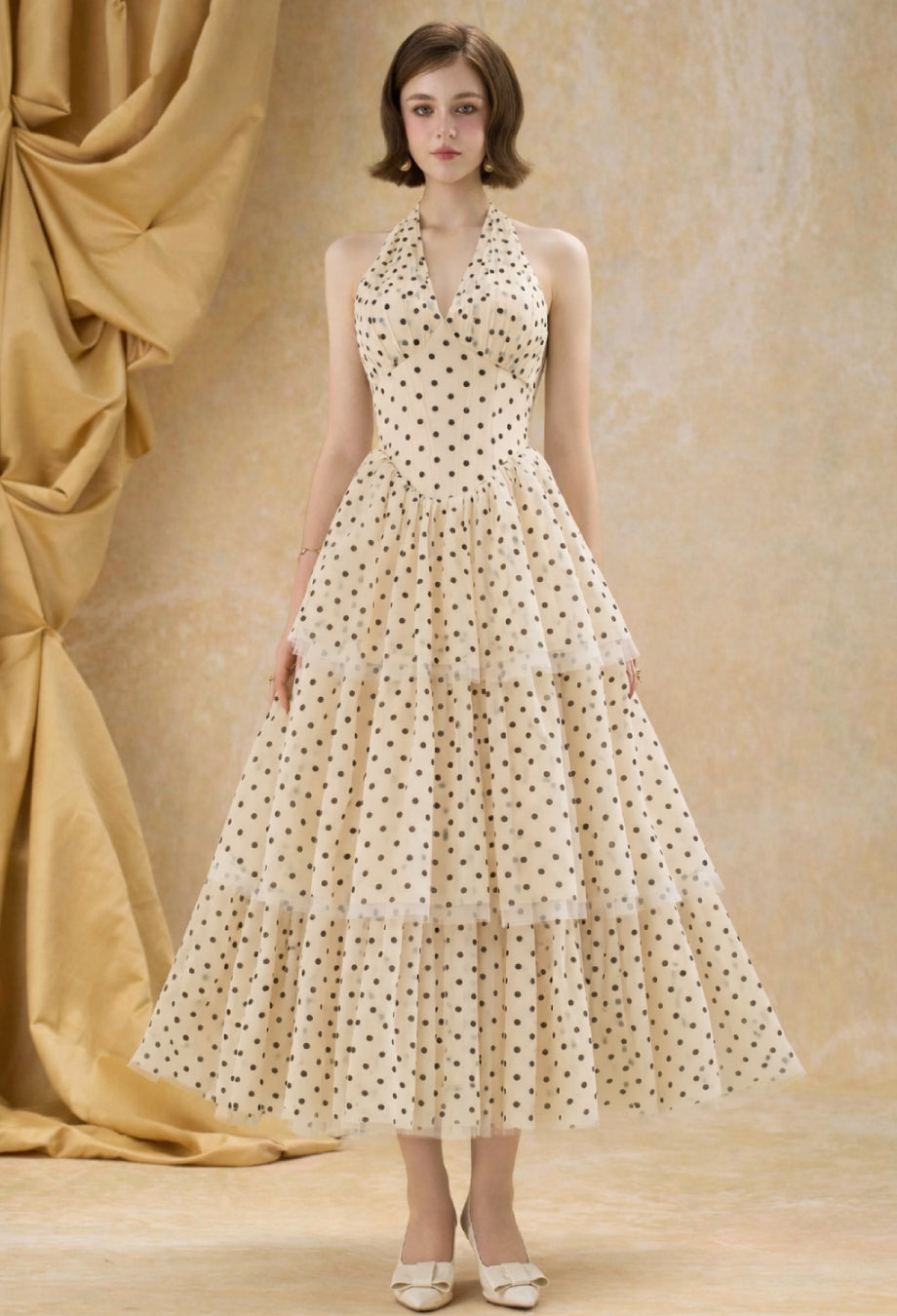 Willa Mesh Corset Midi Dress, polka dot halter dress, pretty woman polka dot dress​, cute wedding guest dresses