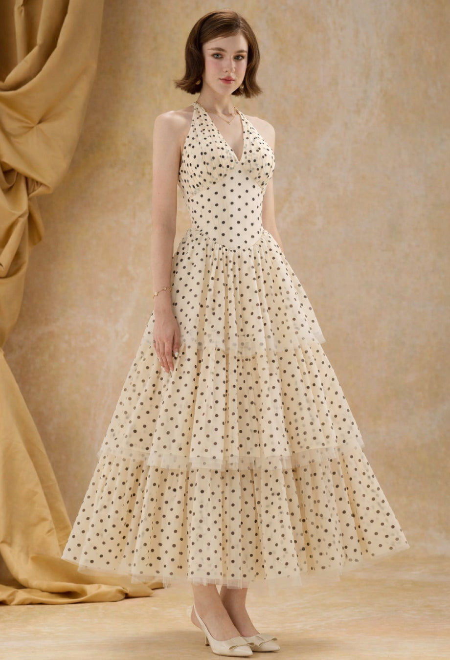 Willa Mesh Corset Midi Dress, polka dot halter dress, pretty woman polka dot dress​