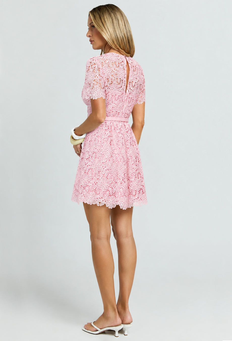Willow Pink Embroidered Floral Lace Mini Dress with Sleeves