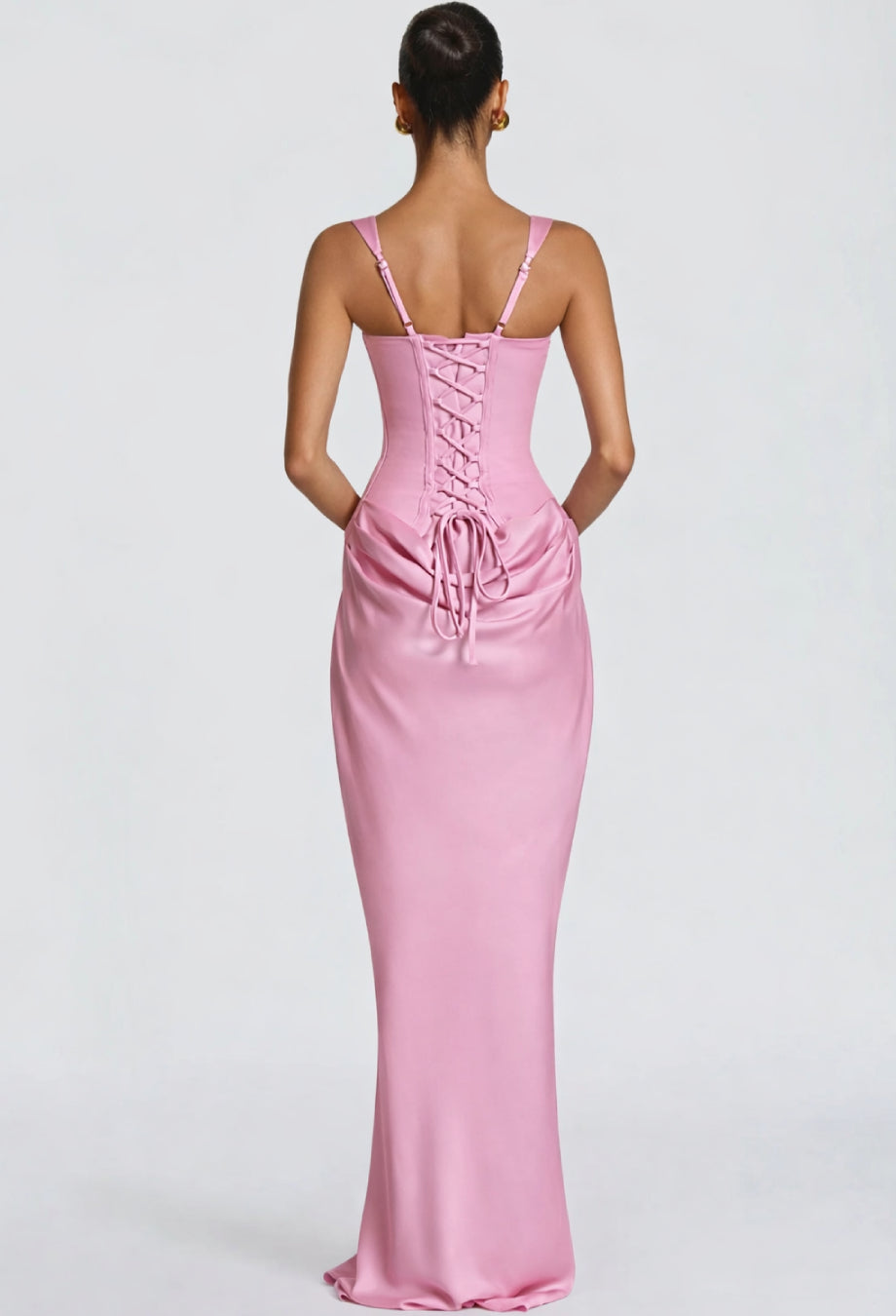 Yeona Corset Maxi Dress, light pink dress for wedding guest, bright pink wedding guest dress