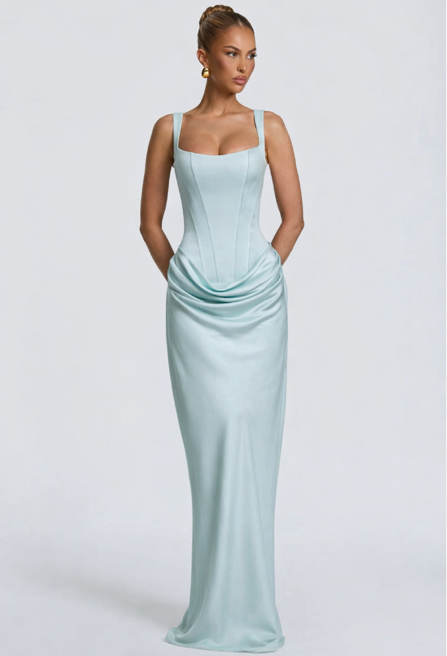 Mint Color Maxi Dress, ​Yeona Corset Maxi Dress, corset prom dress​, corset maxi dress, satin corset dress