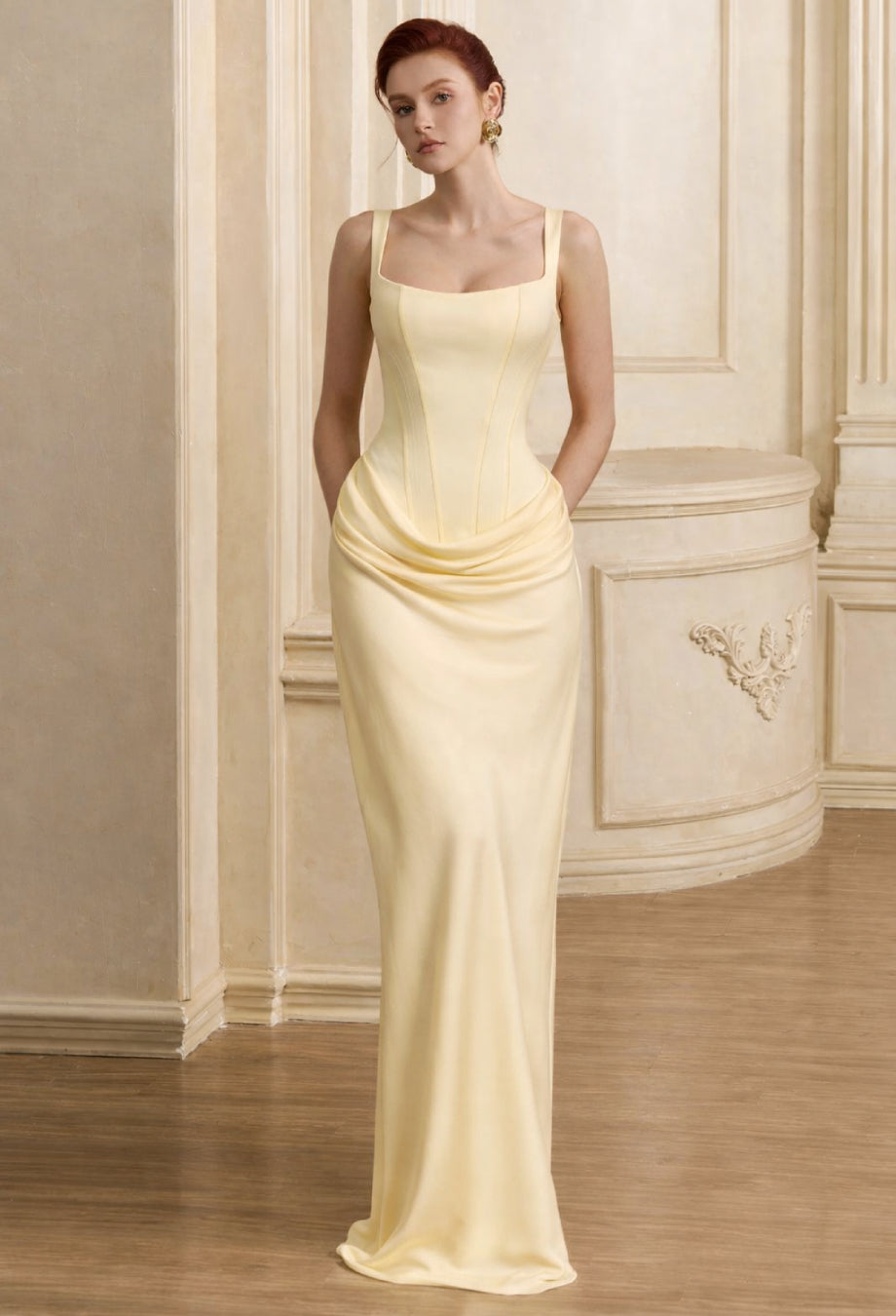 Yeona Corset Maxi Dress, yellow prom dress, pastel yellow prom dress, sherri hill yellow prom dress, maxi summer wedding dress