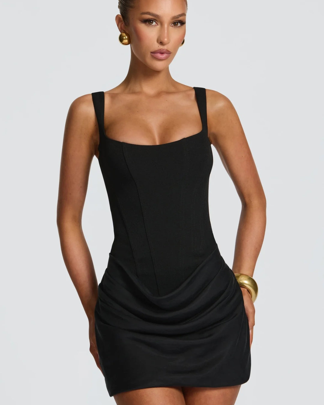 Yeona Mini Dress in Black, Women's Corset Short Gown, woman in evening dress​